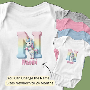 Body Para Bebê Mudar Nome Rosa Bonito Azul Fofo Letra N Unicórnio