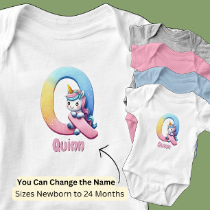 Body Para Bebê Mudar Nome Rosa Bonito Azul Fofo Letra Q Unicórnio