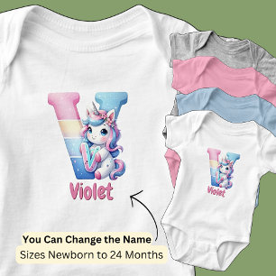 Body Para Bebê Mudar Nome Rosa Bonito Azul Fofo Letra V Unicórnio