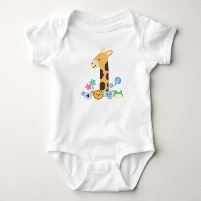 Body Para Bebê My First Birthday. Giraffe and Happy Animals Desig (Frente)