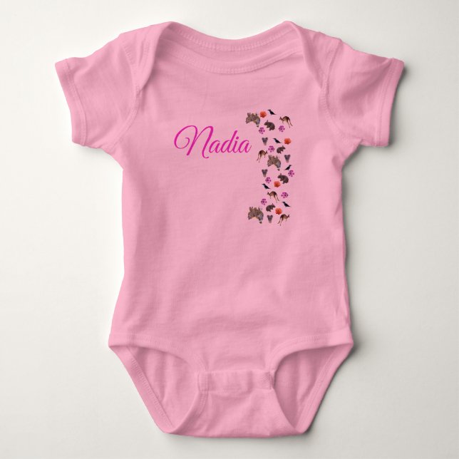 Body Para Bebê Nadia, logotipo com fauna australiana,  (Frente)