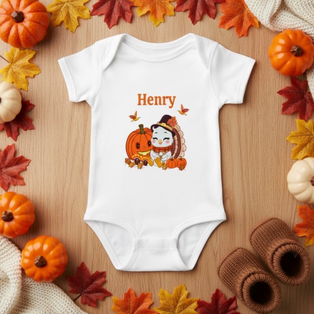 Body Para Bebê Name Baby Turkey And Pumpkin Thanksgiving  (Criador carregado)