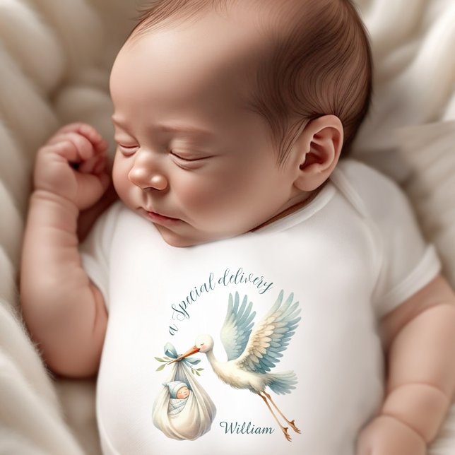 Body Para Bebê Neném Menino Nome Blue Storey Delivery (Newborn Baby Boy Name Blue Stork Delivery Baby Bodysuit)
