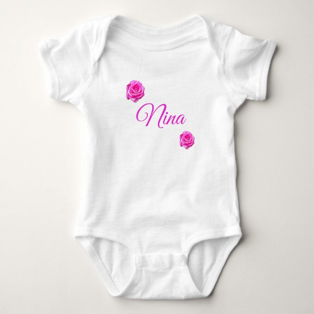 Body Para Bebê Nina, Nome Com Rosas Cor-de-Rosa, Bodysuit de Bebê (Frente)