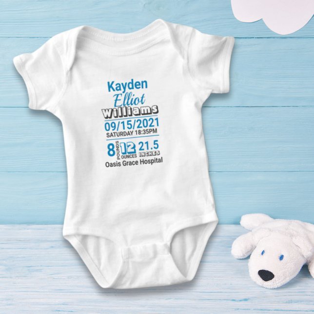 Body Para Bebê Nome da família azul anúncio de natalidade bebê (Blue family name baby birth stats announcement baby bodysuit)