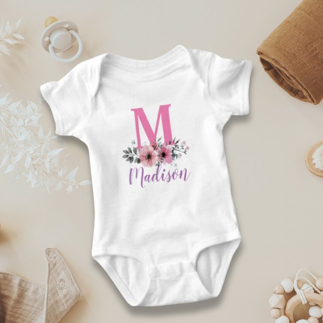 Body Para Bebê nome da família personalizado flores aquarela mono (custom family name watercolor flowers monogram baby bodysuit)