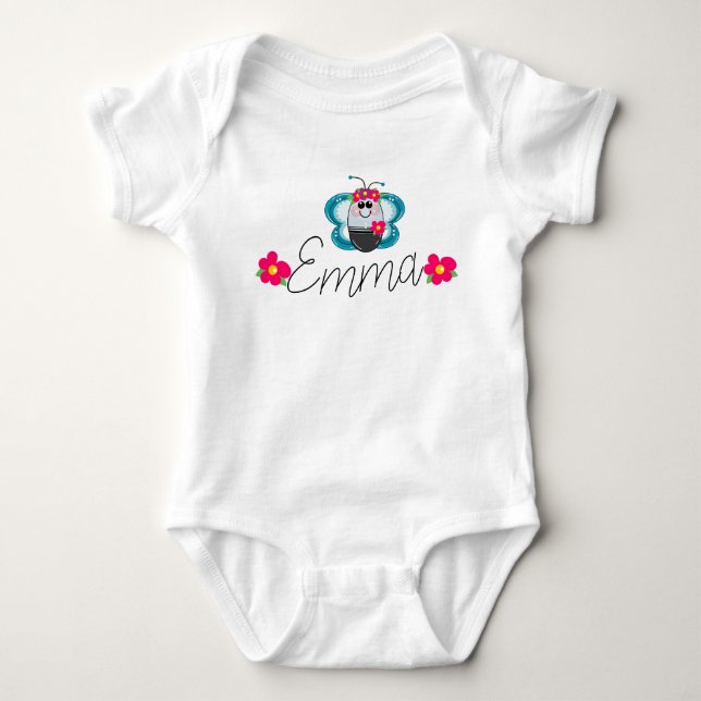 Body Para Bebê Nome de bebê personalizado Borboleta e flor (Frente)