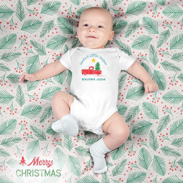 Body Para Bebê 🎅🏻 Nome do ajudante do Papai Noel 🚛Caminhão Árv (🎅🏻 Santa's Little Helper Name 🚛Truck Tree Star Baby Bodysuit ©Susanne Sachers - Sunny Mind Design)