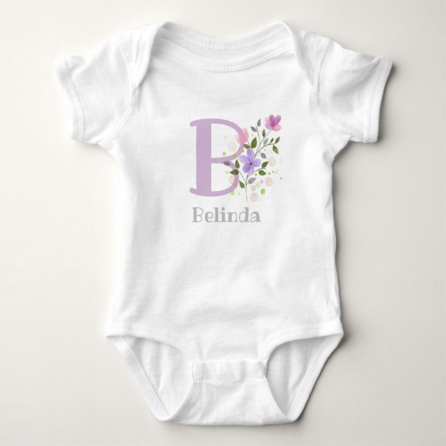 Body Para Bebê Nome do bebê e inicial com flores (Frente)
