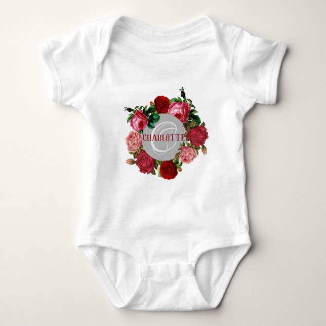 Body Para Bebê Nome do Monograma do Padrão Floral Personalizado (Frente)