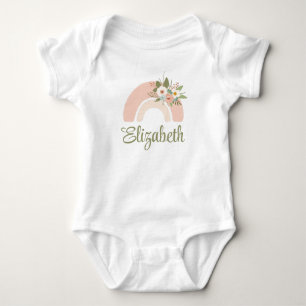 Body Para Bebê Nome Personalizado do Arco-Íris Floral Rosa