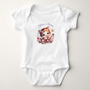 Body Para Bebê Nome Personalizado do Kitten Reproduzindo Aquarela