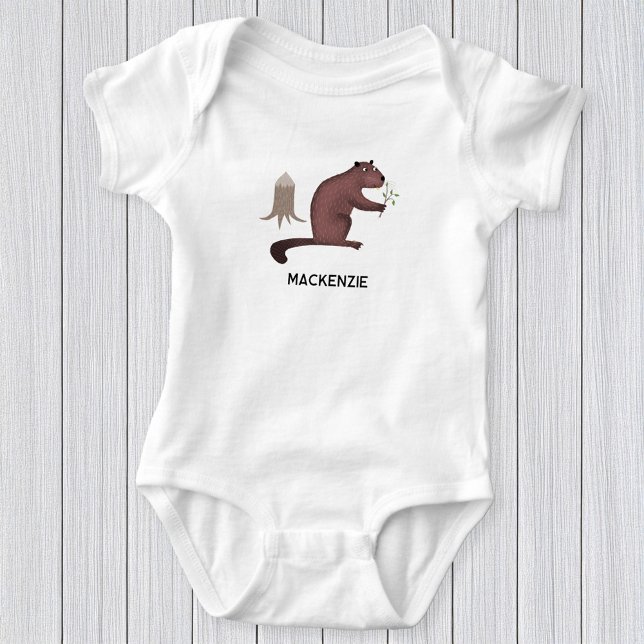 Body Para Bebê Nome Personalizado do Protetor de Fundo (Fun personalized custom name beaver baby bodysuit for little animal lovers)
