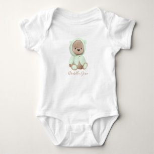 Body Para Bebê Nome Personalizado do Urso Verde de Folha Neutra