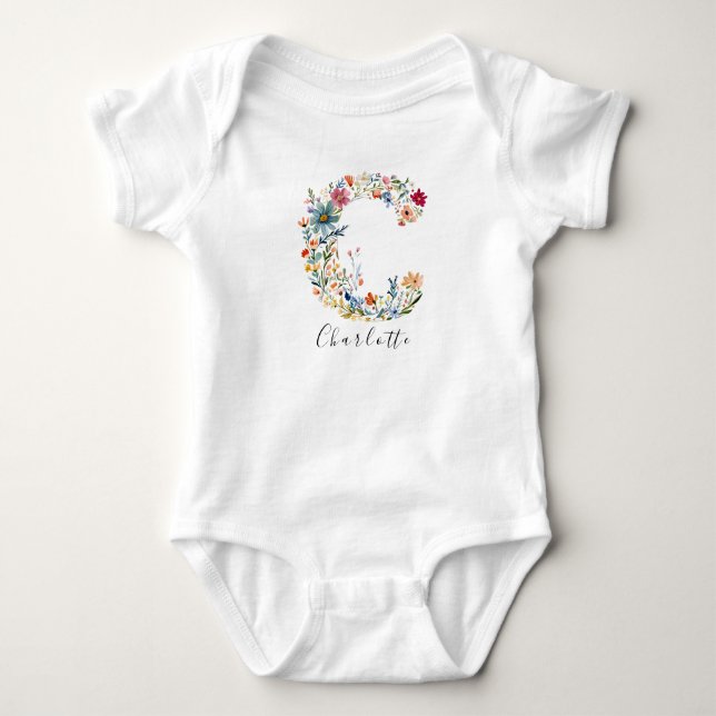 Body Para Bebê Nome Personalizado e Monograma Floral 'C' (Frente)