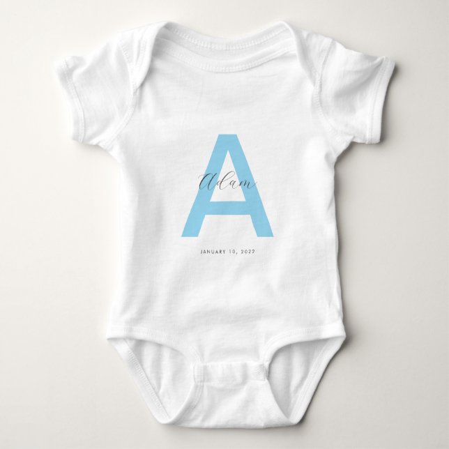 Body Para Bebê Nome Personalizado Inicial Azul (Frente)