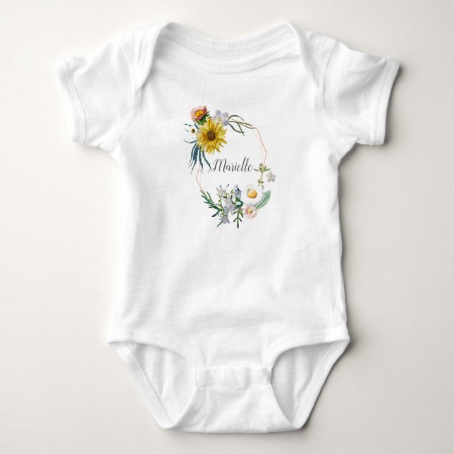 Body Para Bebê Nome Personalizado Personalizado Monograma Floral  (Frente)