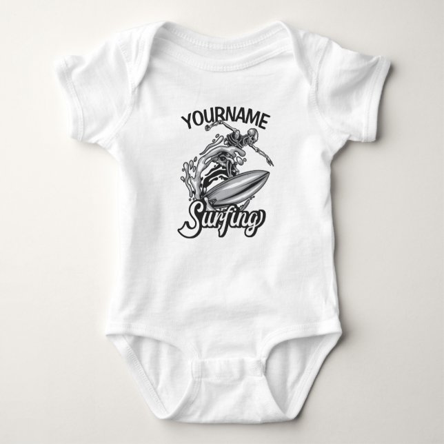 Body Para Bebê Nome personalizado Surfer Big Wave Skeleton surfin (Frente)