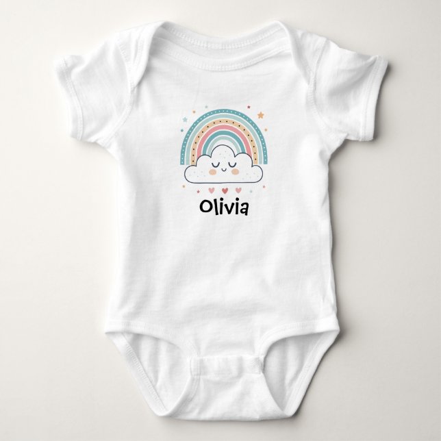 Body Para Bebê Nuvem Adormecida Fofa & Arco-íris Pastel (Frente)
