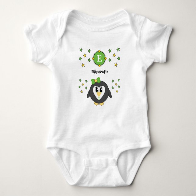 Body Para Bebê O nome do pinguim bonito é amarelo verde (Frente)
