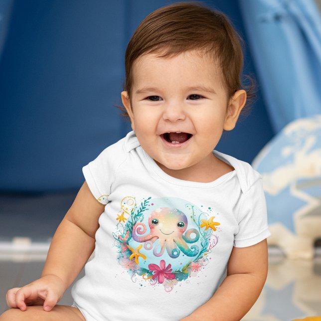Body Para Bebê Octopus Colorido de Aquarela Submarina (Watercolor Undersea Colorful Octopus Baby Bodysuit)