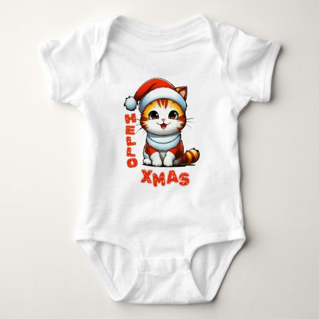 Body Para Bebê Olá, Natal - Gato de Natal bonito numa fantasia de (Frente)