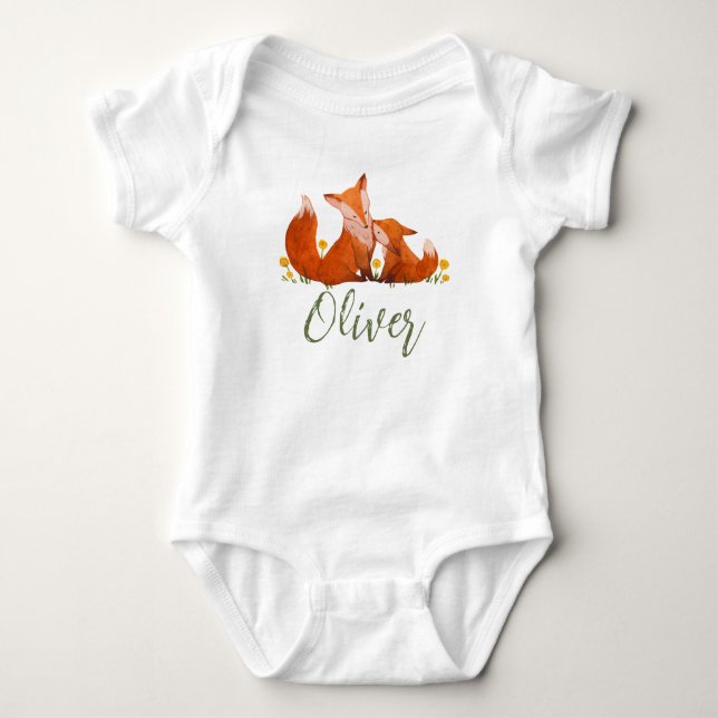 Body Para Bebê Oliver Name Reveal Fox Forest Animal Boy Whimsical (Frente)
