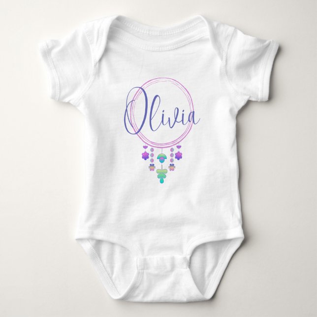 Body Para Bebê Olivia Name Reveal Girl Whimsical Cute Hippy Boho (Frente)