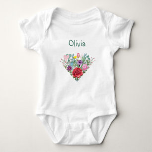 Body Para Bebê Olivia Personalizar Flores de Nome Gêmeos 2 Coraçõ