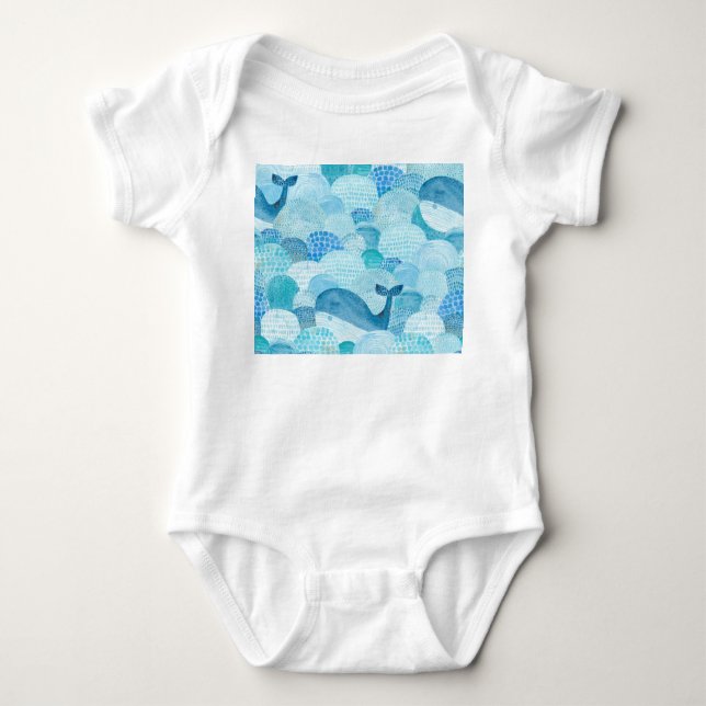 Body Para Bebê Ondas, baleia, textura azul infantil (Frente)