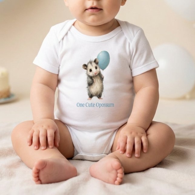 Body Para Bebê Opossum Birthday Romper • Woodland Animal Outfit (birthday romper with watercolor opossum holding balloon on soft neutral background)