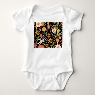 Body Para Bebê Ossos de Halloween, padrão floral uniforme.