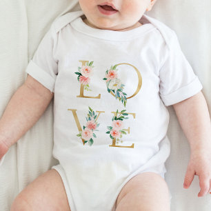 Body Para Bebê Ouro AMOR e alfabético floral esverdeado