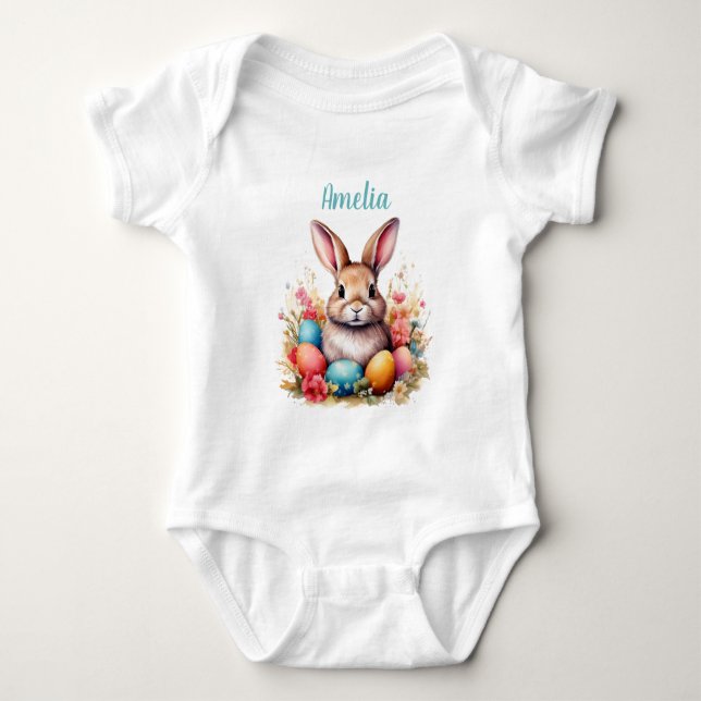 Body Para Bebê Ovos de Coelhinho Fofo Flores Feliz Páscoa Nome (Frente)