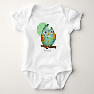 Body Para Bebê Owl Watercolor Style Name Aniversário on Back
