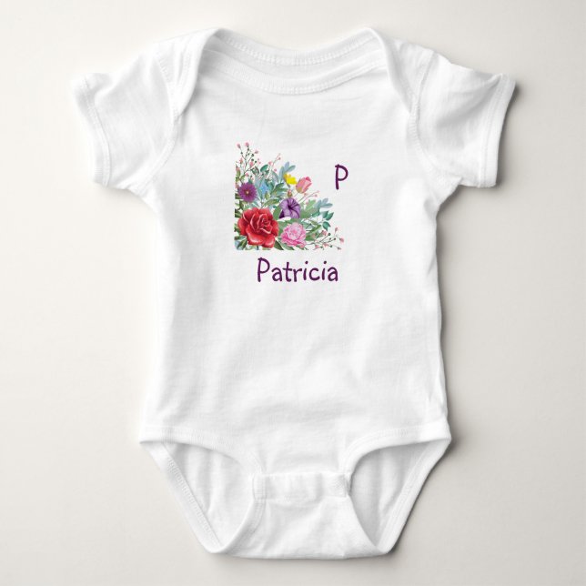 Body Para Bebê P Patricia Personalize o nome da letra, Rosa Flore (Frente)