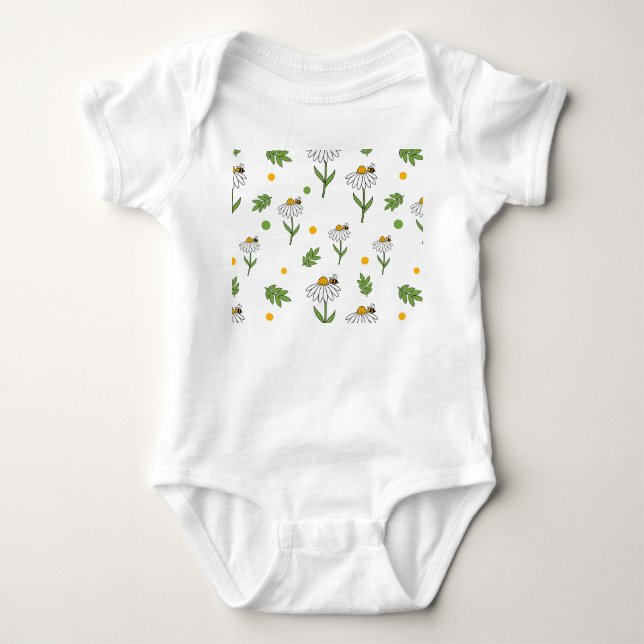 Body Para Bebê Padrão contínuo de Margarida e Abelha Fofos (Frente)