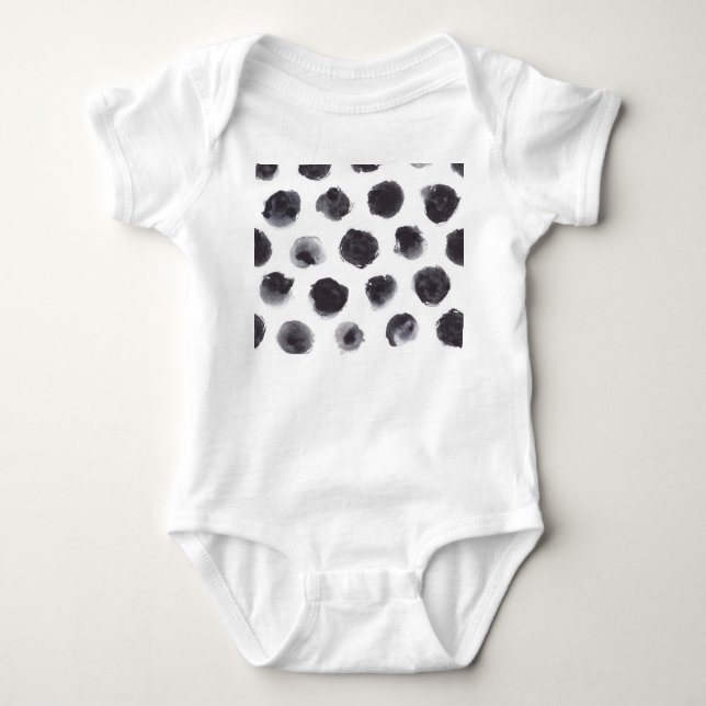Body Para Bebê Padrão de bolinhas: preto, cinza. (Frente)