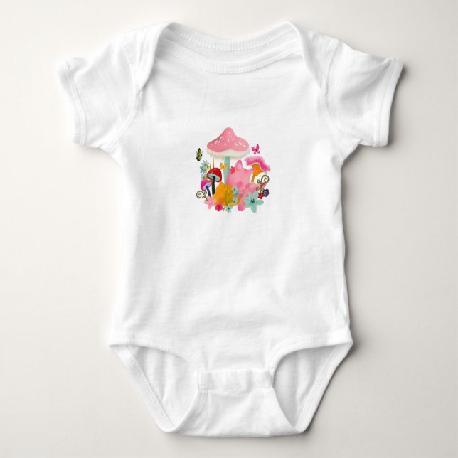 Body Para Bebê Padrão de Gatos, Flores e Cogumelos (Frente)