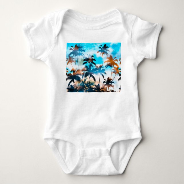 Body Para Bebê Padrão de verão, árvores tropicais, céu. (Frente)