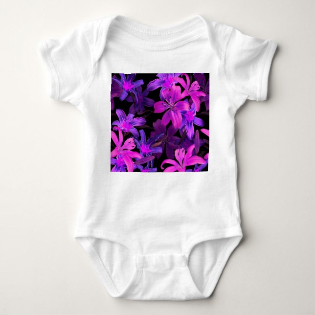 Body Para Bebê Padrão floral luminoso, luzes da selva neon. (Frente)