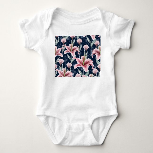 Body Para Bebê Padrão Sem Costura De Flor Rosa. (Frente)