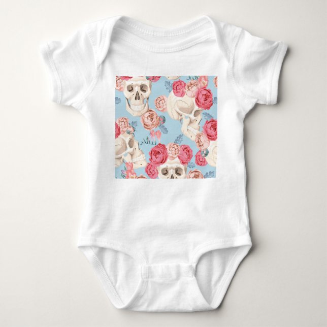 Body Para Bebê Padrões de colheita de crânios e Rosas (Frente)