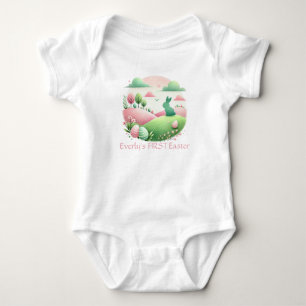 Body Para Bebê Paisagem de Ovos de Coelho da Páscoa Verde Rosa