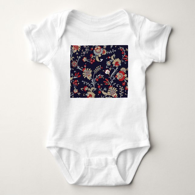 Body Para Bebê paisley indiano, fundo marinho, tradicional. (Frente)