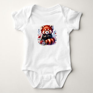 Body Para Bebê Panda Vermelho Fofo com Flores Animal Florestal