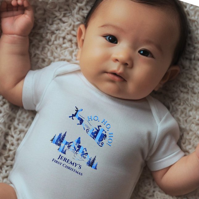 Body Para Bebê Papai Noel Primeiro Natal Azul Adicionar Nome (Criador carregado)