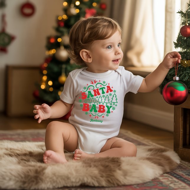 Body Para Bebê Papais noeis Bebê Personalizado Retro Natal (Santa Baby Personalized Retro Christmas Baby Bodysuit)