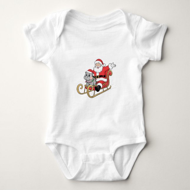 Body Para Bebê Papais noeis cavalgando com um bebê Moo Deng Hippo (Frente)