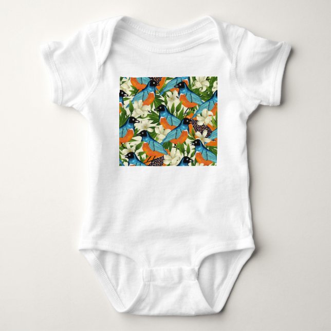 Body Para Bebê Papaya tropical e padrão de pássaros. (Frente)